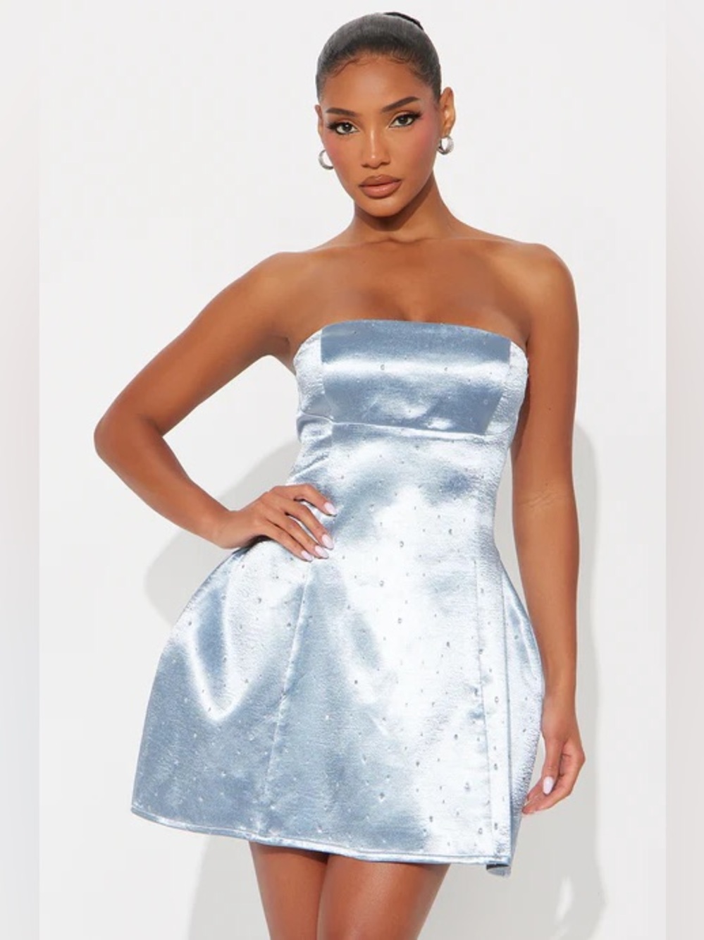 Fashion Nova Strapless Satin Mini Dress in Ice Blue